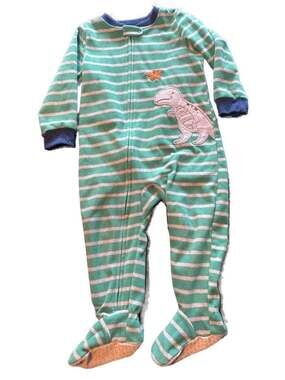 Carter's 24M Green Striped Dinosaur Fleece Footed Pajama Sleeper boys pj